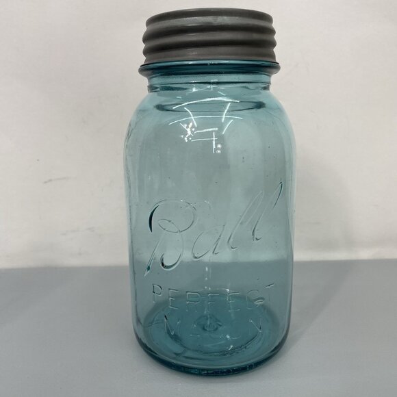 Vintage #13 Blue Ball Perfect Mason Quart Jar 1923-1933 Zinc Milk Glass Lid